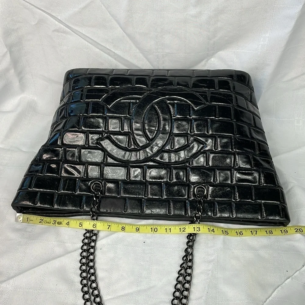 Chanel Brick Chocolate Bar Quilted Frozen Tote Bag Large Black Vinyl Chain Strap